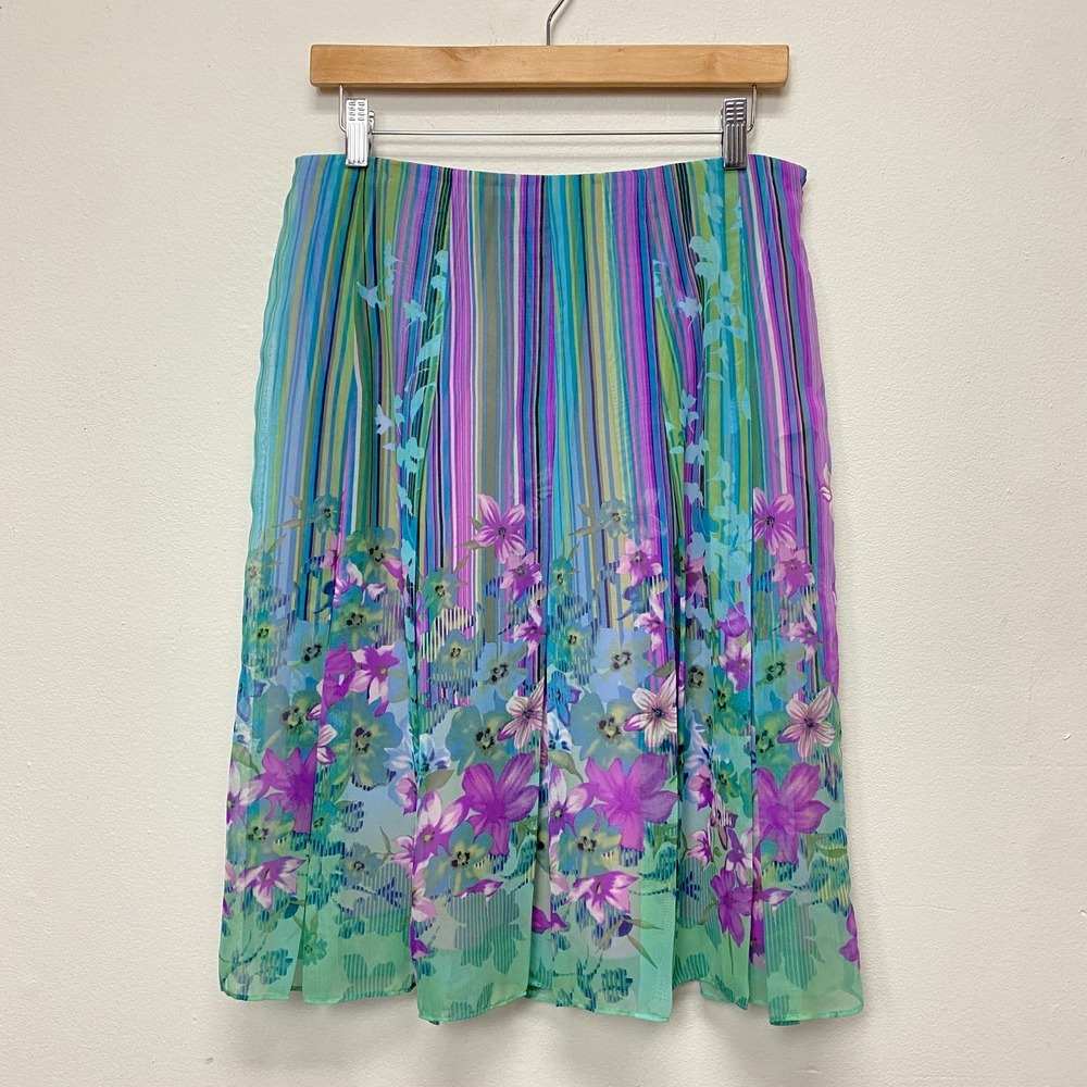 Vintage Y2K Women Sz 8 Pleated Skirt Stripe Floral Multicolor Fairy Garden